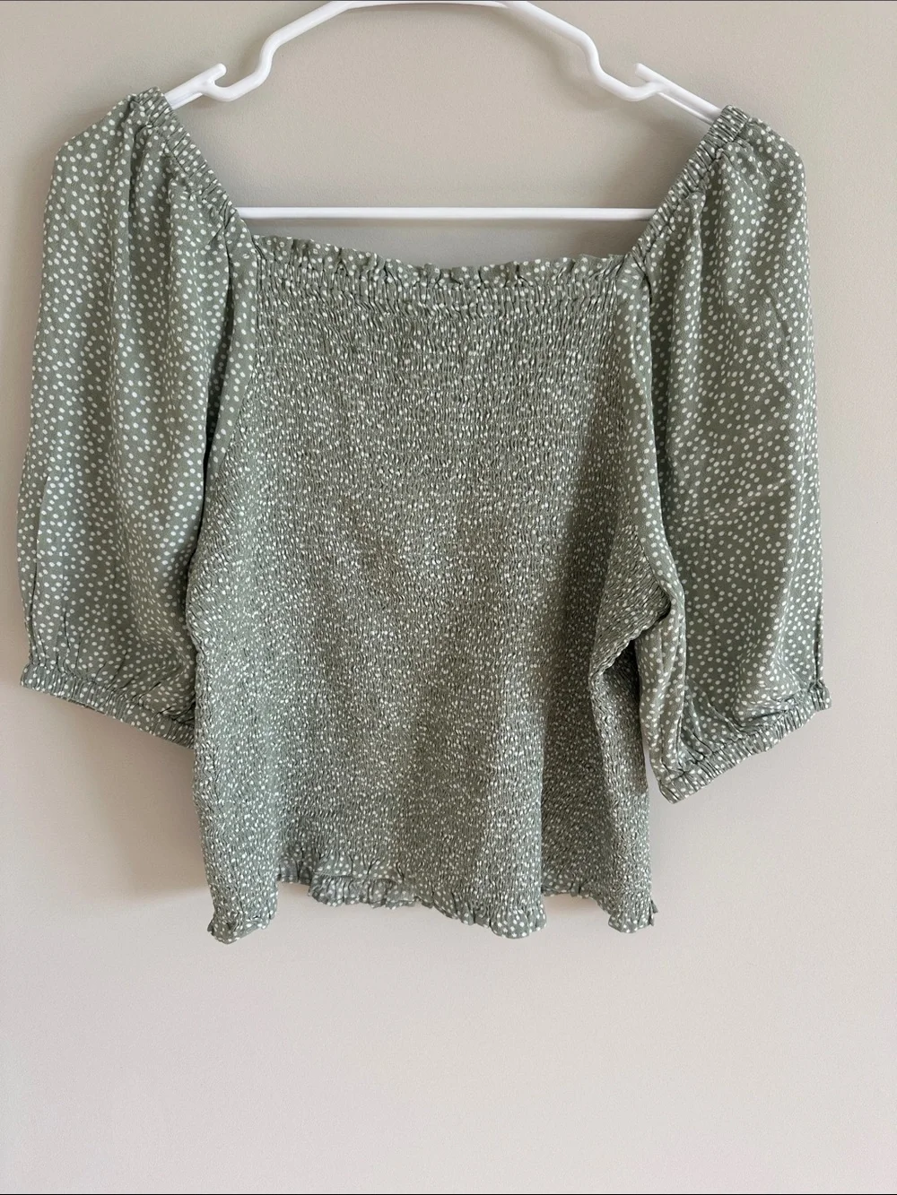 LOFT Sage Green Smocked Square Neck Cropped Puff Sleeve Blouse